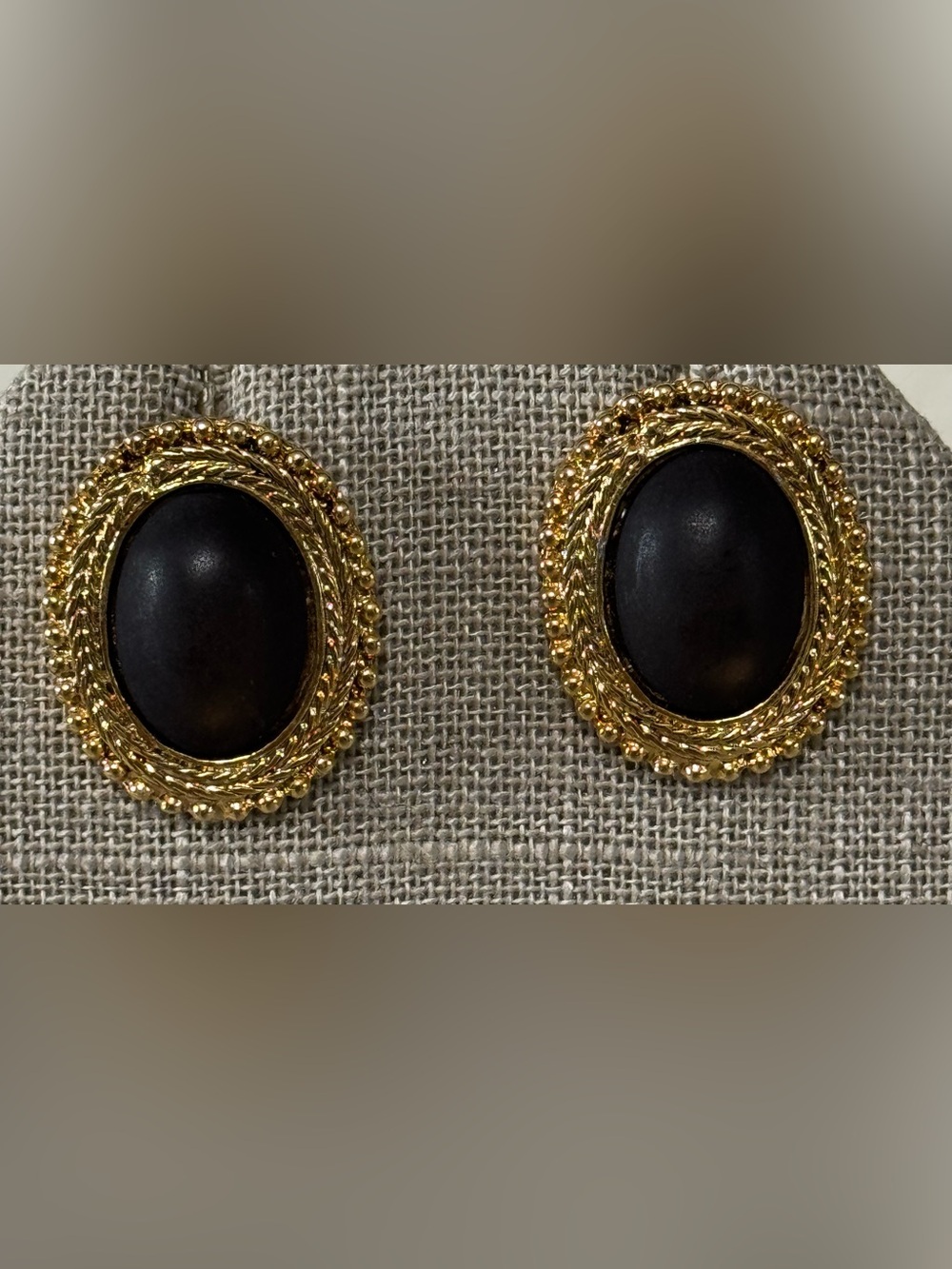 Black Glass Oval pierced Earrings Gold Tone